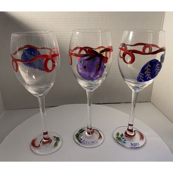 Lot Of 6 Hand-painted Christmas Stemware Wine Glasses Decorated With Ornaments - Picture 8 of 14